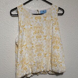 CeCe White Tank Top with Yellow Scroll Print